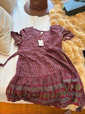 RAGA Burgundy Printed Tie-Waist Midi Dress with Green Accents